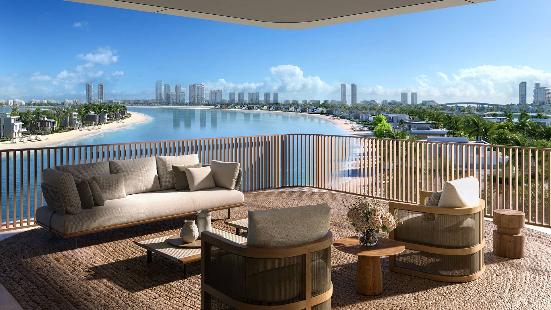 Palm Central apartment terrace looking across the bay to the Dubai skyline